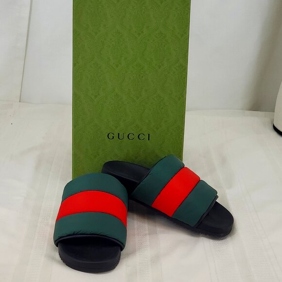 GUCCI PUFFER NYLON WEB SLIDES SANDALS - GREEN/RED -WOMEN’S SZ 38 US 8 - Picture 2 of 10